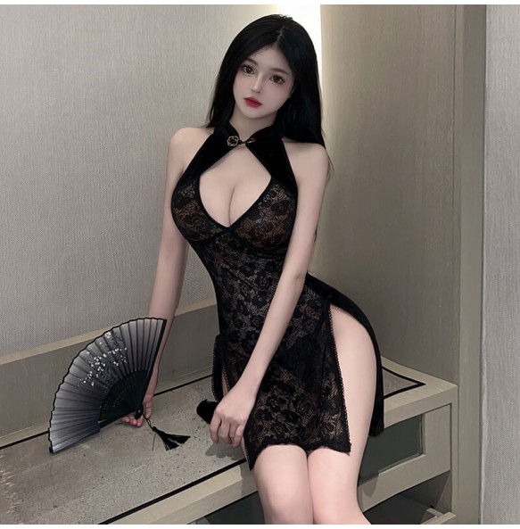 FEE ET MOI - Vintage Velvet Lace Slit Cheongsam (Black)